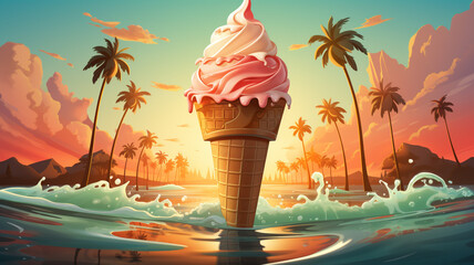 A cheerful logo icon of a joyful ice cream cone on a beach with palm trees background.