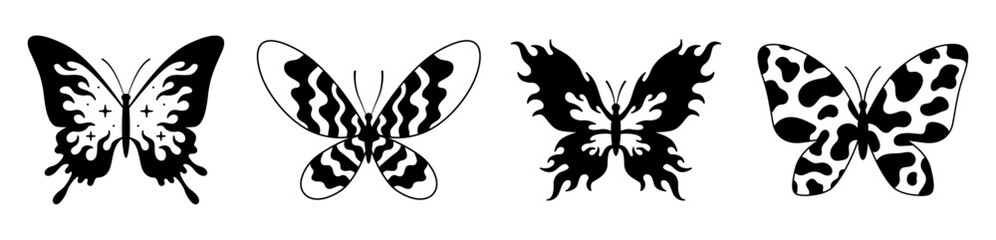 Butterfly set. Neo tribal tattoo. Hand drawn vector illustrations. Black tattoo design.