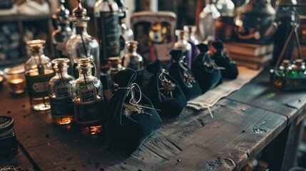 Rustic potions and spells setup, perfect for Halloween, fantasy, and themed events.
