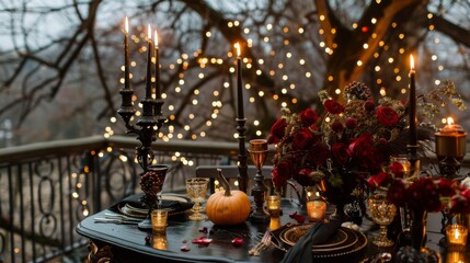 Elegant Halloween-themed table setting with dark florals and candles, for a sophisticated event.