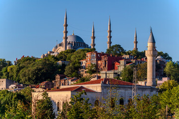 Istanbul city of blue sky citycape is beautiful scenery of summer with lifestyle travel, tourism and vacation in Istanbul town buildings .Turkey. 