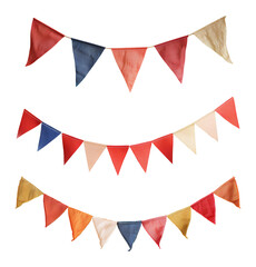 Fototapeta premium Flag garland set PNG. Party flag garland PNG. Colorful flag garland for birthday parties and other celebrations PNG. Colorful knitted party flags on a string PNG