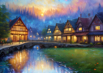 Medieval fantasy fairytale town houses and river, Generative AI