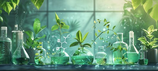 Biology laboratory of nature and science, plants with biochemical structure and chemical formula on green background. generative ai