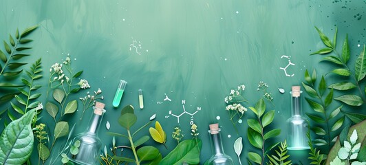 Biology laboratory of nature and science, plants with biochemical structure and chemical formula on green background. generative ai - obrazy, fototapety, plakaty