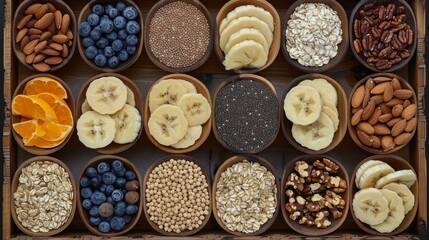   A variety of nuts, such as almonds, and fruits including bananas and blueberries, arranged in bowls