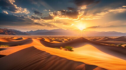 Fototapeta na wymiar Sunset over the sand dunes in the desert, sun, landscape, Generative Ai