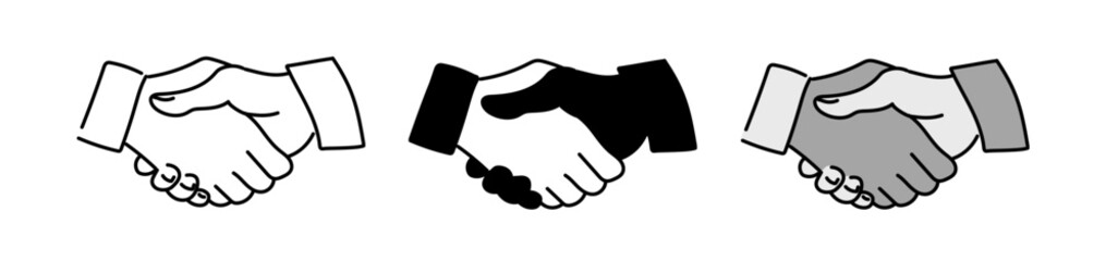 Doodle handshake icon. Hand drawn handshake. Black and white vector illustration.