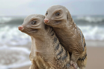 Two baby gerbils are standing on a rock near the ocean - obrazy, fototapety, plakaty