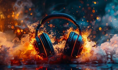 Explosive Stereo Headphones Ignite Festive Light Show with Vibrant Sound Pulse, Flames and Smoke. Get Ready to Party, Dynamic Party Beats