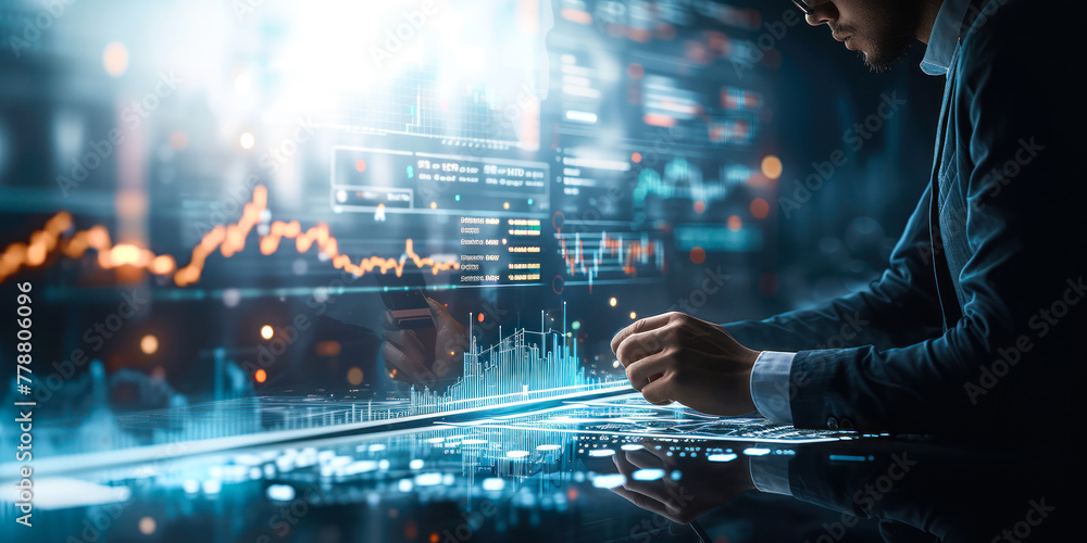 Poster business analyst interacting with futuristic augmented reality financial graphs, analyzing market tr