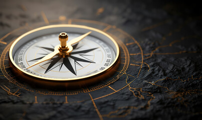 Elegant golden compass on a detailed map with gilded longitude and latitude lines, symbolizing direction, exploration, travel, and navigation towards goals and destiny - obrazy, fototapety, plakaty