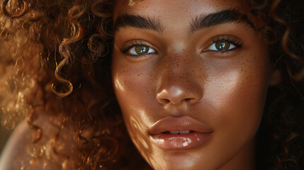 Face of a model with dark skin and dark hair