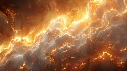 The image is a close up of a gold and white ocean with a lot of fire and light. Scene is intense and dramatic, with the bright colors and the fire creating a sense of danger and excitement