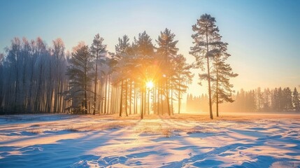 beautiful sunny winter landscape with sunrise, forest and field. wintry scenery sun shines