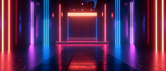 Neon futuristic scene with podium or stage, purple, blue, pink spotlights, rays, abstract shapes, glowing particles. Product presentation background. Generative ai