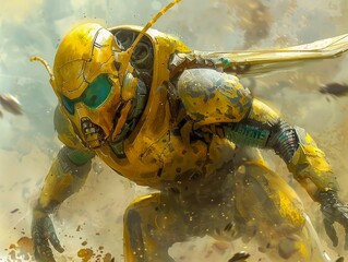 Futuristic Cyborg Warrior in Combat Armor Battling in a Dusty Environment Digital Illustration