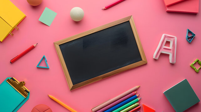 Display of a chalkboard and learning aids on a pink background, laid flat with space for copy text.