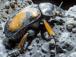 Obraz premium Futuristic Robot Beetle Design Concept in a Rocky Space Terrain, Mechanical Insect, Science Fiction Creature