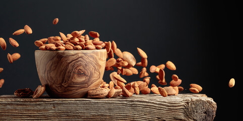 Almond is poured into a wooden bowl. - 778807243