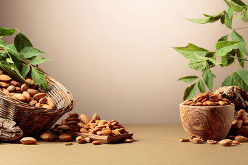 Almond nuts on a brown background. - 778807255
