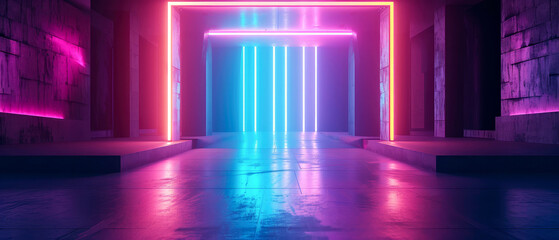 Neon futuristic scene with podium or stage, purple, blue, pink spotlights, rays, abstract shapes, glowing particles. Product presentation background. Generative ai