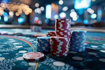A casino table for poker or blackjack with stack of chips Poker table with chips and cards in the casino hall - obrazy, fototapety, plakaty