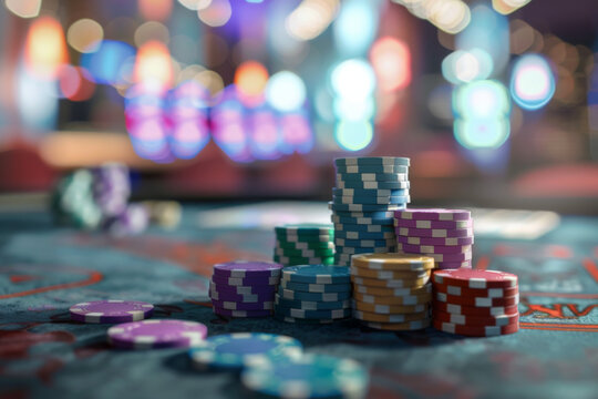 A casino table for poker or blackjack with stack of chips Poker table with chips and cards in the casino hall