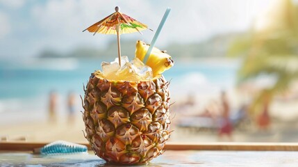 Iconic tropical refreshment: a pina colada served in a pineapple, complete with a parasol and straw, epitomizing beachside leisure.