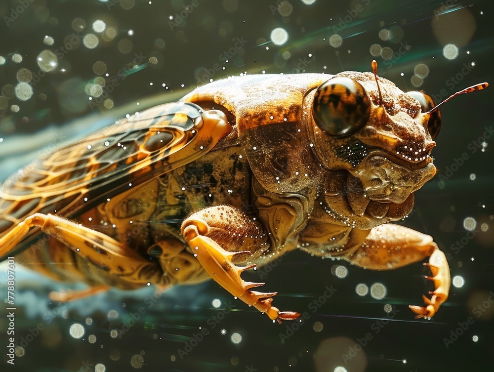 Poster close up high definition image of a detailed cicada on a shimmery bokeh background perfect for educa