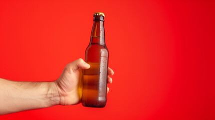 A hand holding a bottle of beer. The bottle is brown and has a yellow label. The background is red. a hand triumphantly holding a brown bottle of beer, bright red background