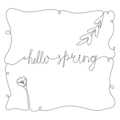 One line drawing typography quote Hello Spring. Phrase on minimalist black linear sketch in frame with leaves and flower isolated on white background. Vector illustration