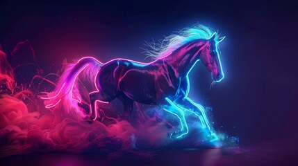 Obraz na płótnie Canvas A horse emerges in a spectacle of neon lights, its form a dazzling array of futuristic blues and pinks that cast a radiant glow in a digital dreamscape.