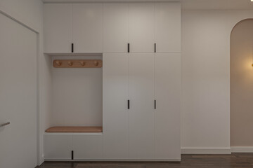 modern apartment design with white walls, doors and shoe cabinet