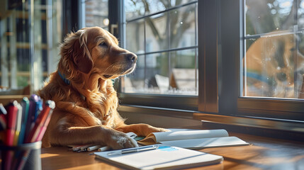 golden retriever is seated at a table in a library - obrazy, fototapety, plakaty