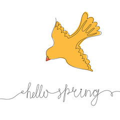 One line drawing typography quote Hello Spring and bird. Phrase on minimalist black linear sketch isolated on white background. Vector illustration.