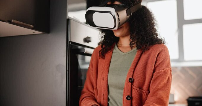 VR, cooking and person with food in kitchen for IRL game, learning and 3D experience at home. Woman with recipe in virtual reality, metaverse and high tech glasses for chef, culinary and meal prep