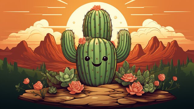 A cute and playful logo icon of a smiling cactus on a desert landscape background.