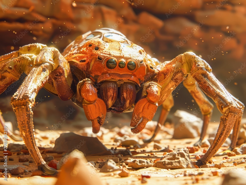 Poster detailed model of a crab robot on a mars like terrain under warm lighting