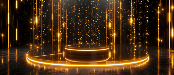 Black shimmer scene with podium, stage, pedestal, golden spotlights, rays, lights, sparkles. Shiny, glowing abstract background. Product presentation background. Showcase. Generative ai