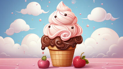 A cute and playful logo icon of a winking ice cream cone on a pastel background.