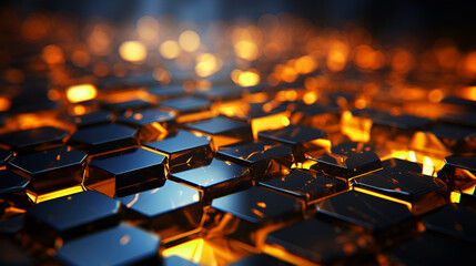 Obraz premium Abstract 3d rendering acrylic of golden hexagons with glowing golden lights backgroundd