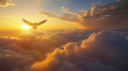 dramatic sea of clouds with eagle in sunrise sky