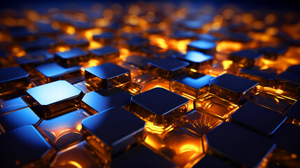 Obraz premium Abstract 3d rendering acrylic of golden hexagons with glowing golden lights backgroundd