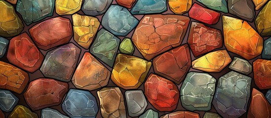An art piece showcasing a Vertebrate pattern with brightly colored rocks, including electric blue glass, cobblestones, and symmetry