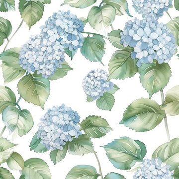 A soft watercolor melody of chambray blue hydrangeas, this seamless pattern weaves together shades of marlin and capri against lush green leaves, ideal for elegant designs.