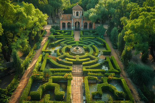 Landscaping architectural fantasy:aerial view of  green edge maze labyrinth in a beautiful park Renaissance style