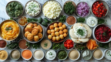   A table top with bowls of varied foods and veggies alongside dips