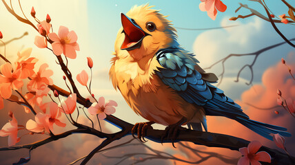 A cute cartoon logo of a cheerful bird singing on a branch.