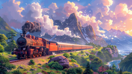 Train Travelling Through the Mountains - obrazy, fototapety, plakaty